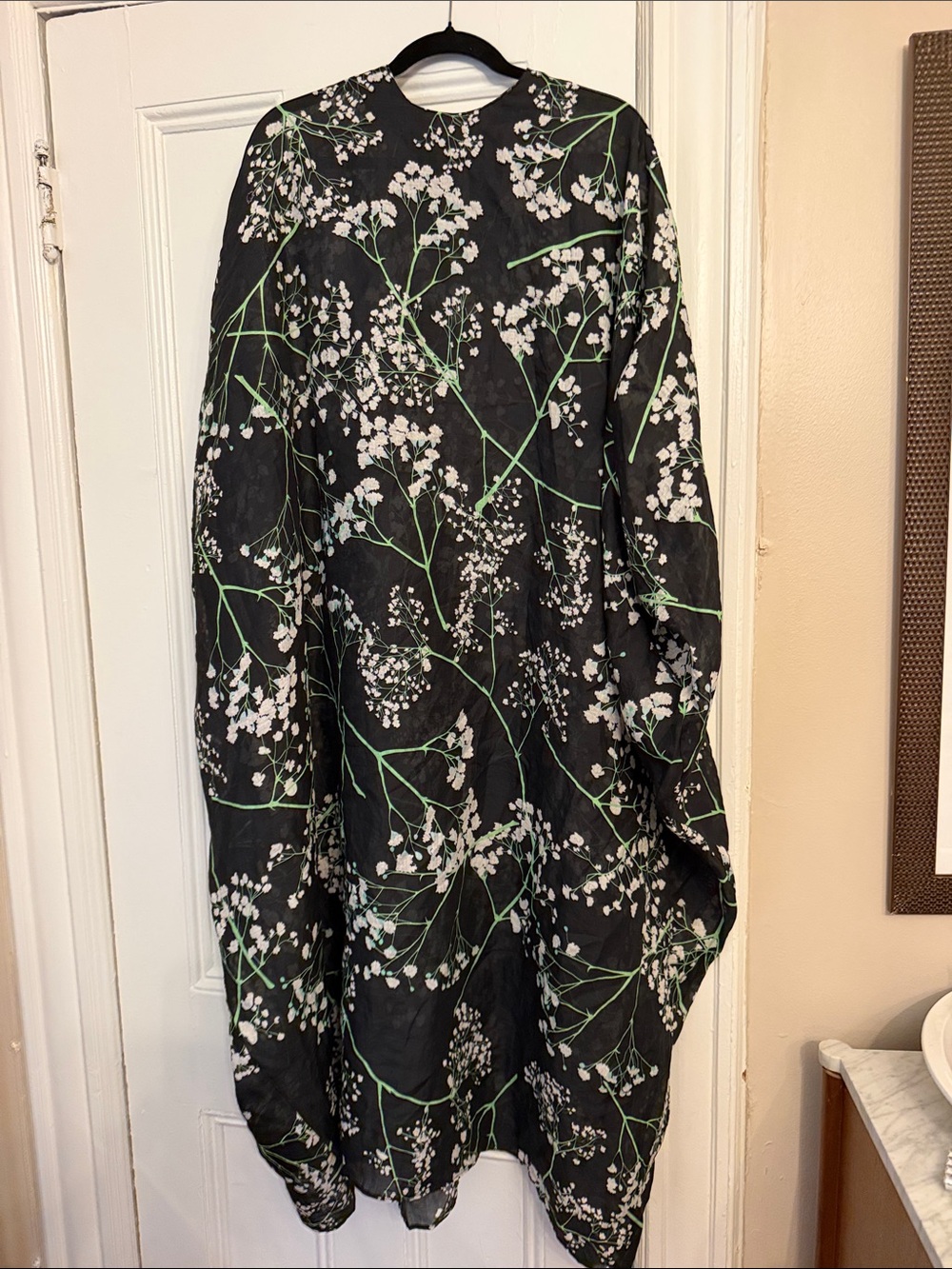 Cynthia Rowley Black Maxi Dress with White Floral and Green Stem Print